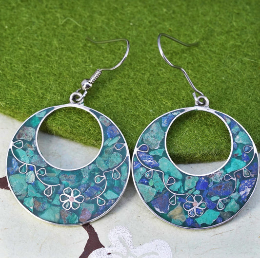 Vintage sterling silver handmade earrings, mexico 925 circle w/ turquoise inlay