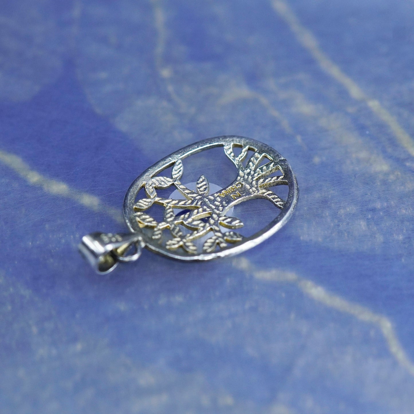 Vintage sterling silver handmade pendant, 925 oval with filigree tree