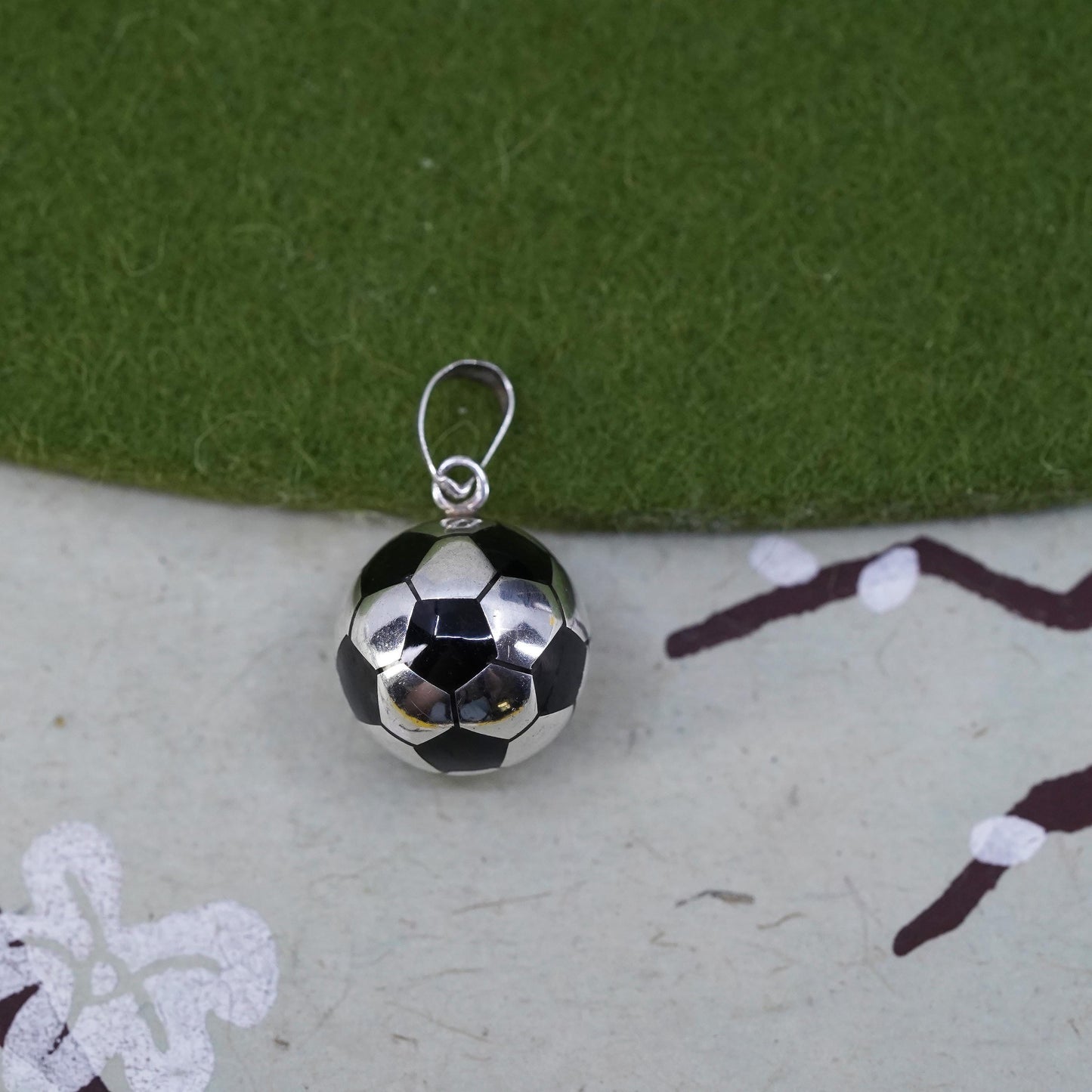 sterling silver pendant, 925 Mexico silver 3D football soccer charm enamel