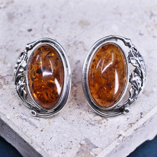 Vintage sterling silver handmade earrings, 925 oval studs with amber and leaves