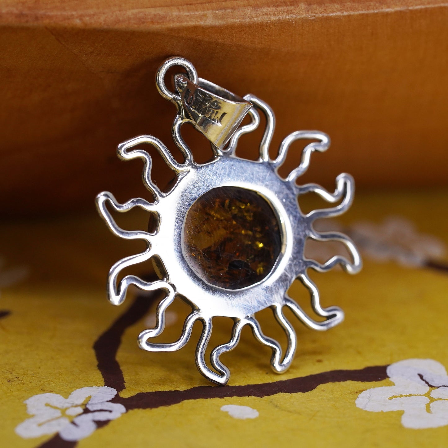 Vintage Sterling 925 silver handmade Sun pendant with Amber and moonface