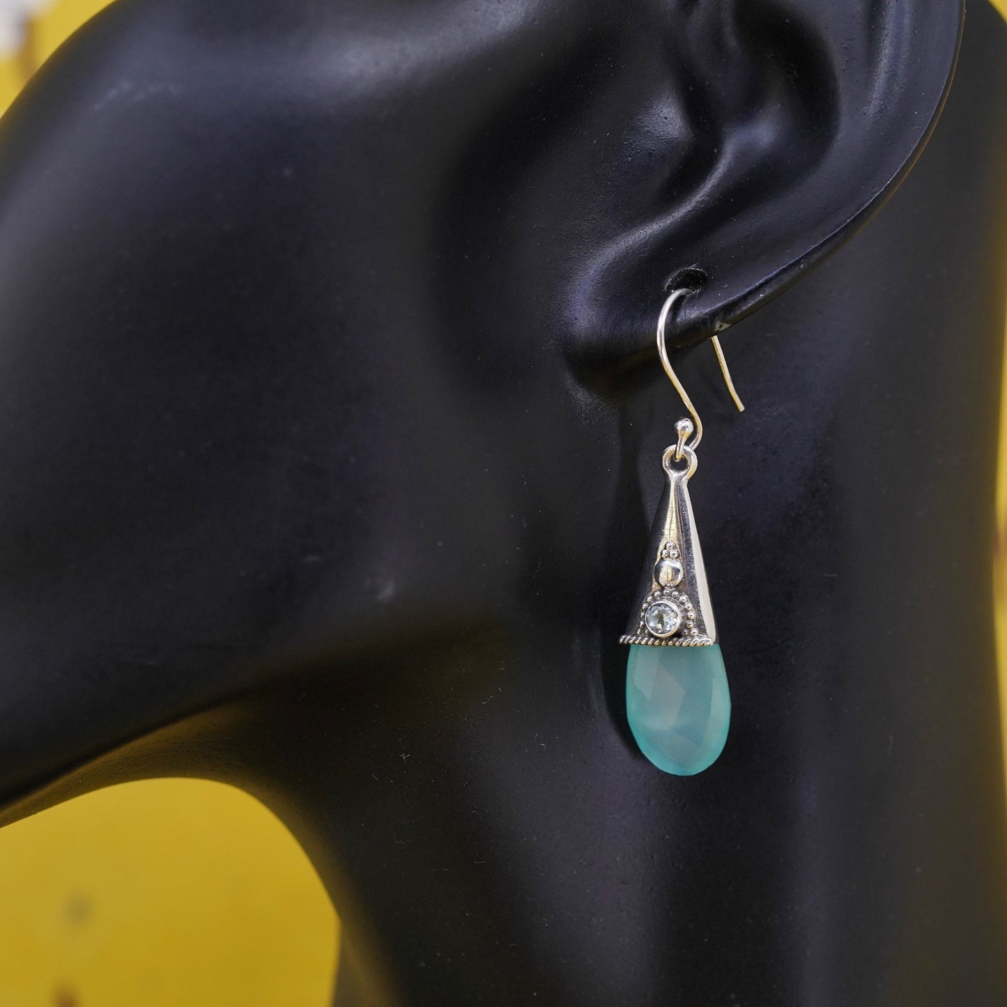 YS Indian Sterling 925 silver teardrop earrings with chalcedony blue crystal