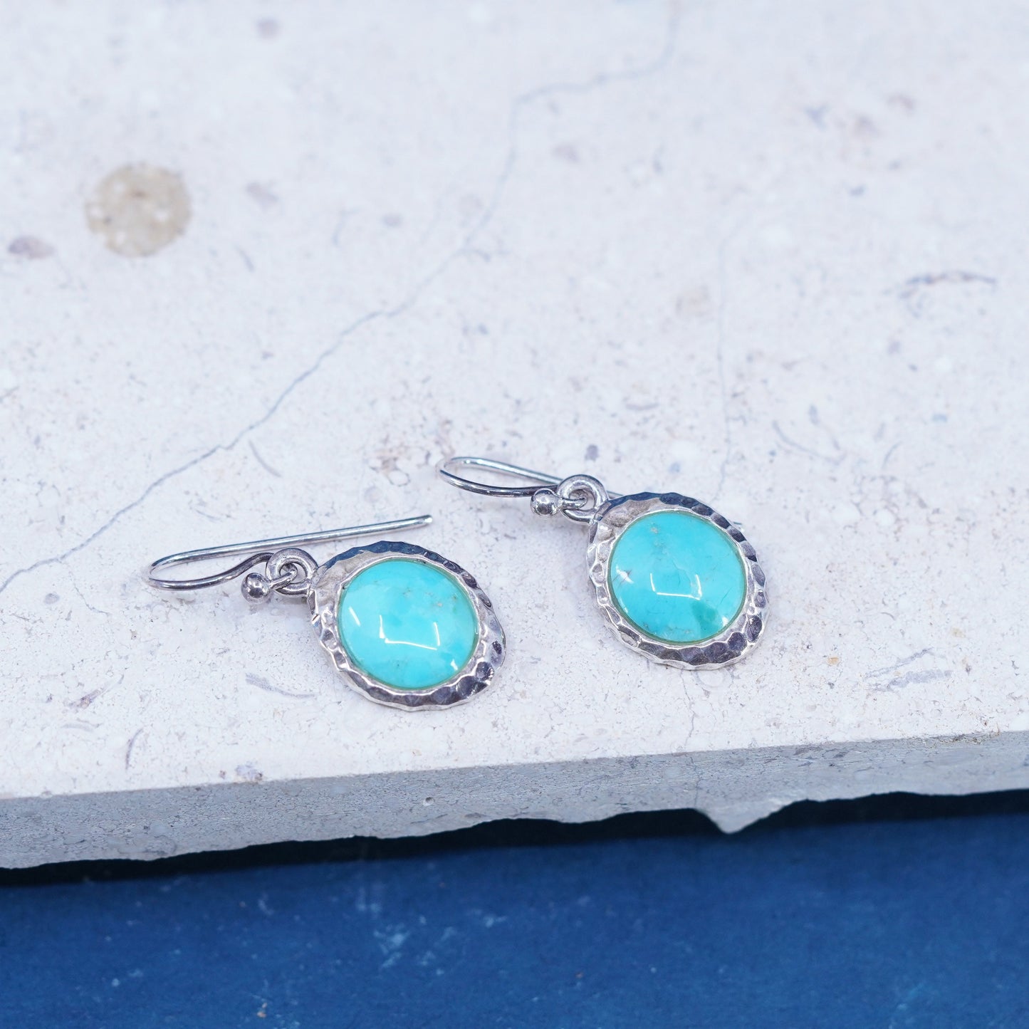 Barse Sterling 925 silver handmade hammered textured earrings oval turquoise