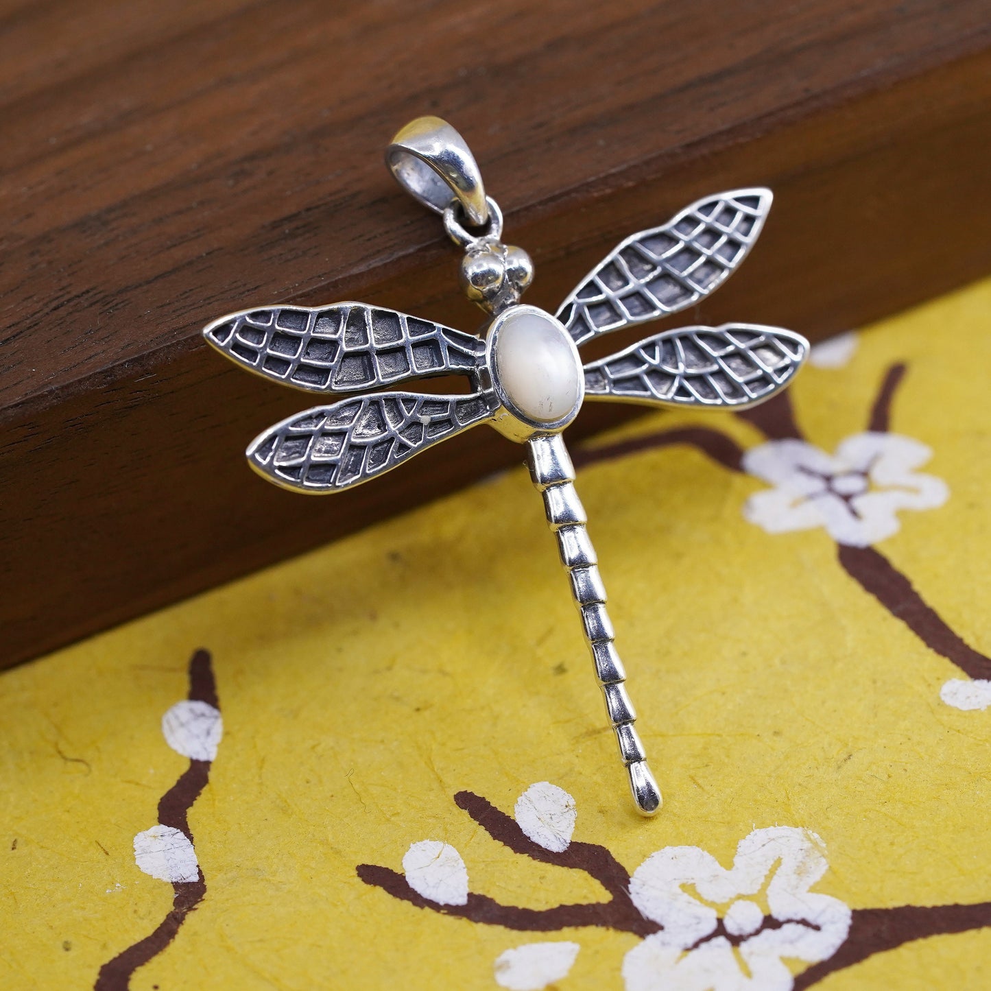 Vintage Sterling 925 silver handmade dragonfly pendant with mother of pearl