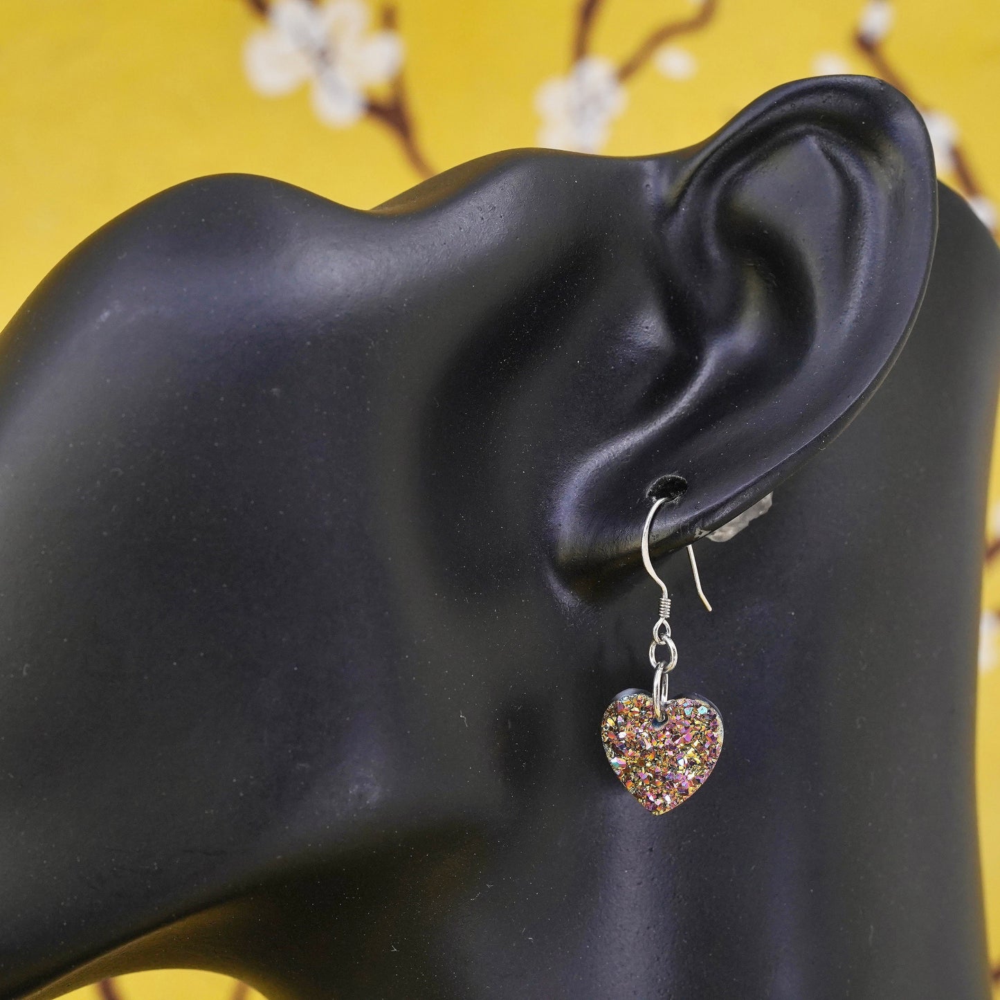 Vintage Sterling 925 silver handmade earrings with druzy agate heart
