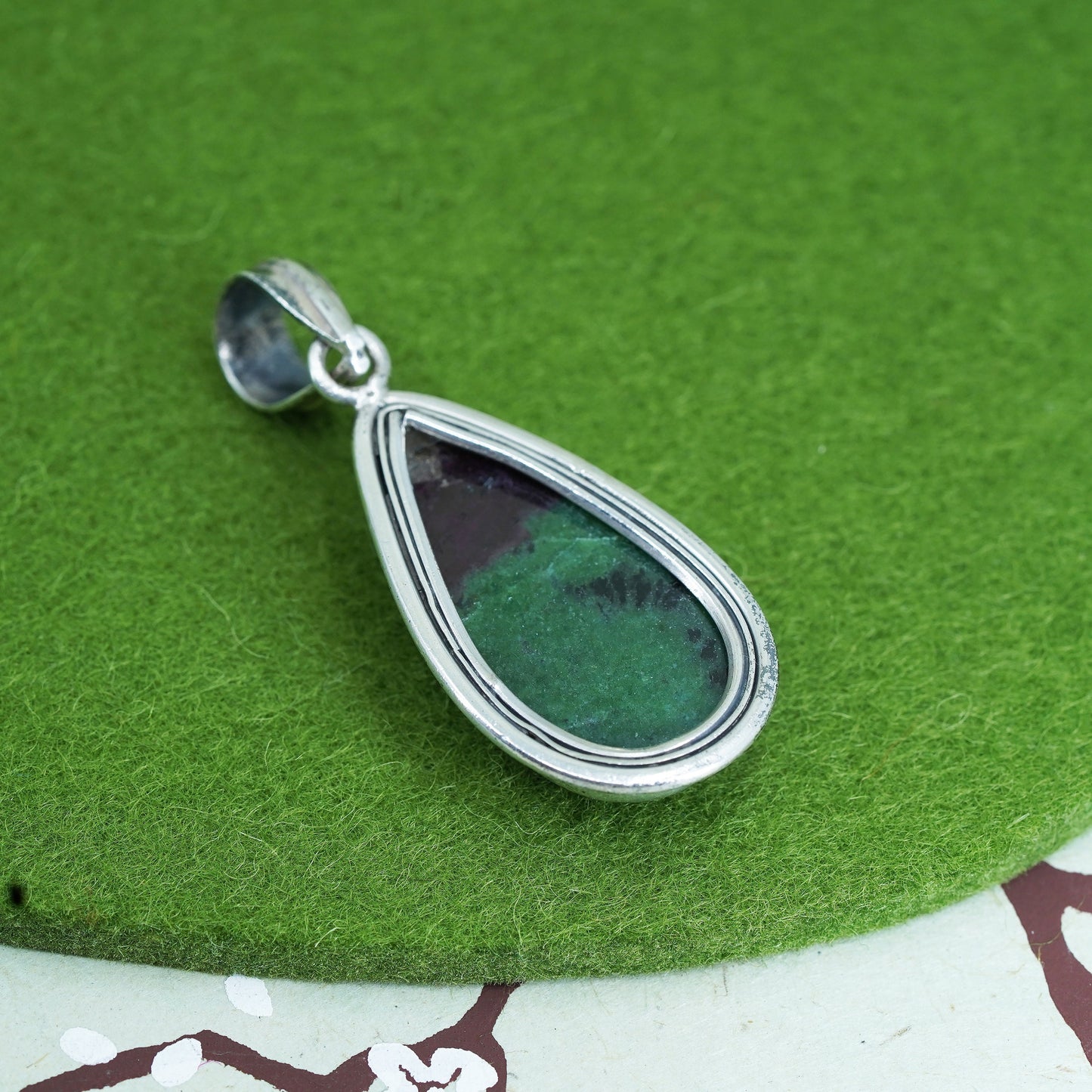 Vintage sterling silver handmade pendant, Mexican 925 teardrop w/ ruby zoisite