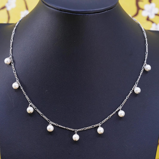 16", vintage Sterling 925 silver handmade figaro chain necklace 5mm pearl beads