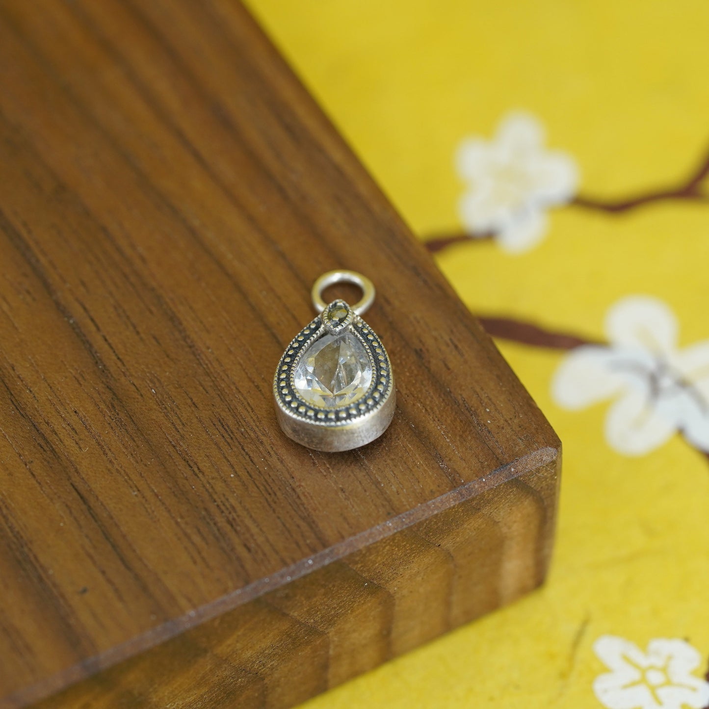 Vintage Sterling 925 silver pendant with teardrop crystal and beads around