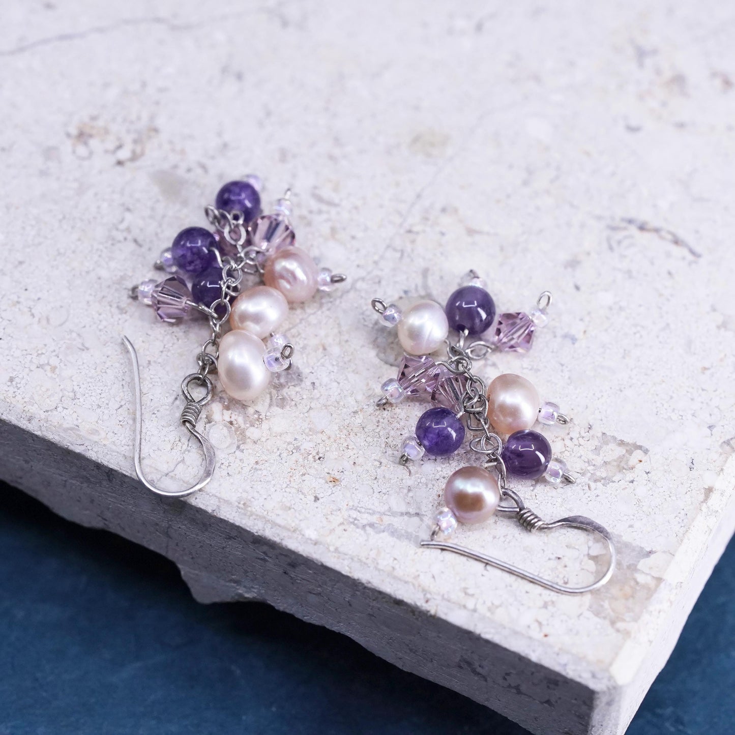 Vintage sterling 925 silver handmade earrings with cluster pearl amethyst beads