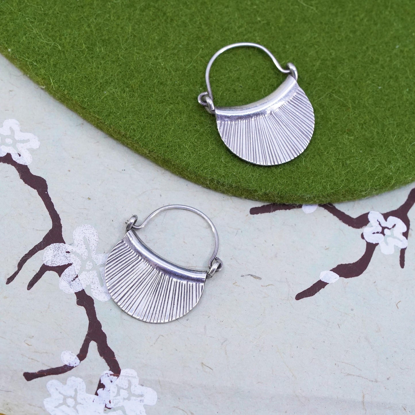 1" Vintage sterling silver handmade loop earrings, fan shaped primitive hoops