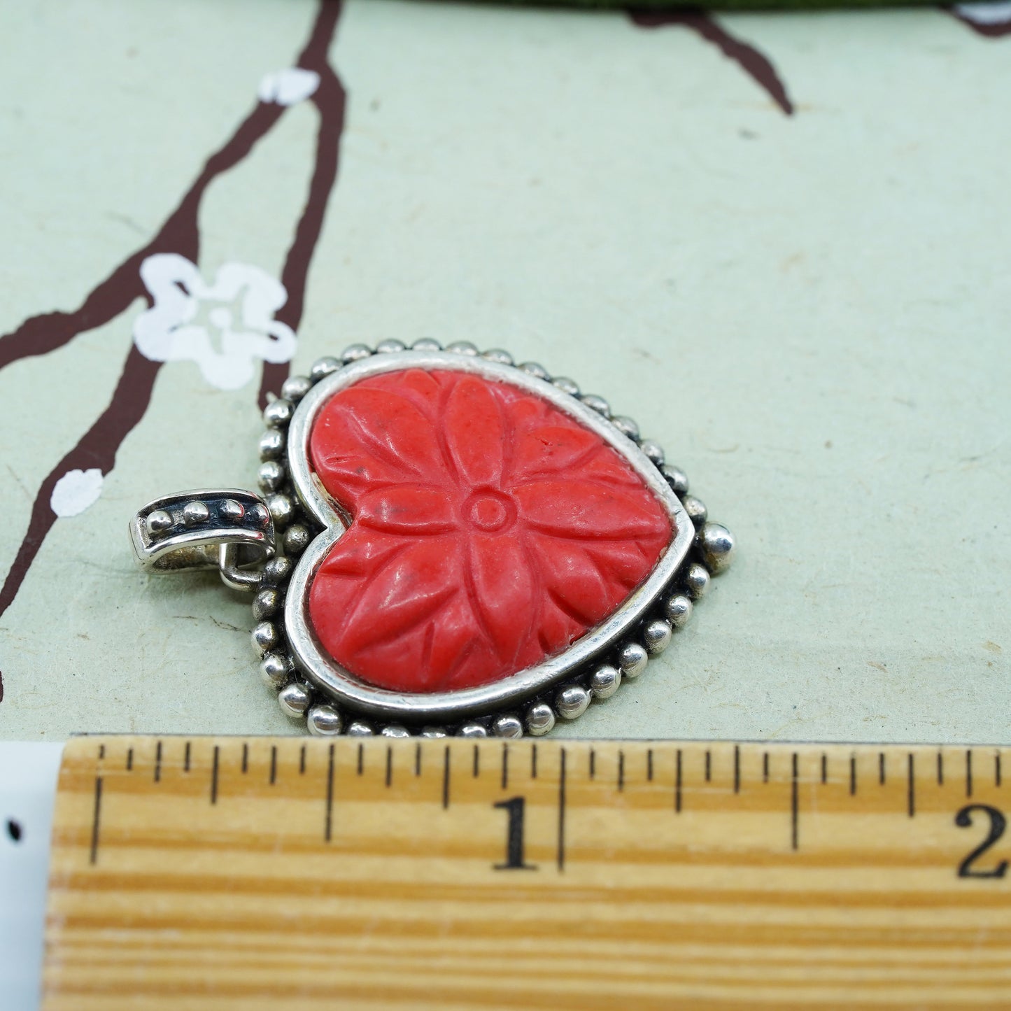 Vintage Sterling silver 925 carved red cinnabar heart pendant with beads around