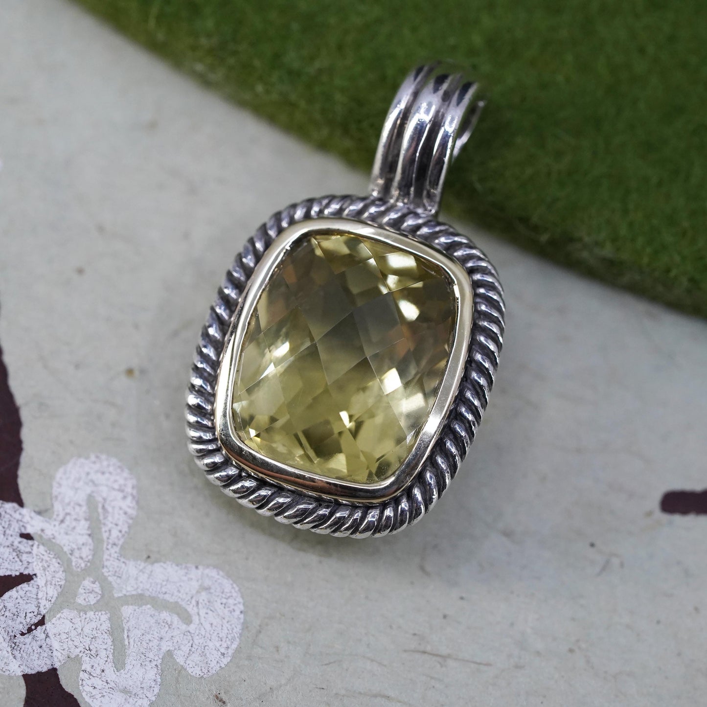 Vintage sterling 925 silver pendant checkerboard citrine 14K yellow gold trim