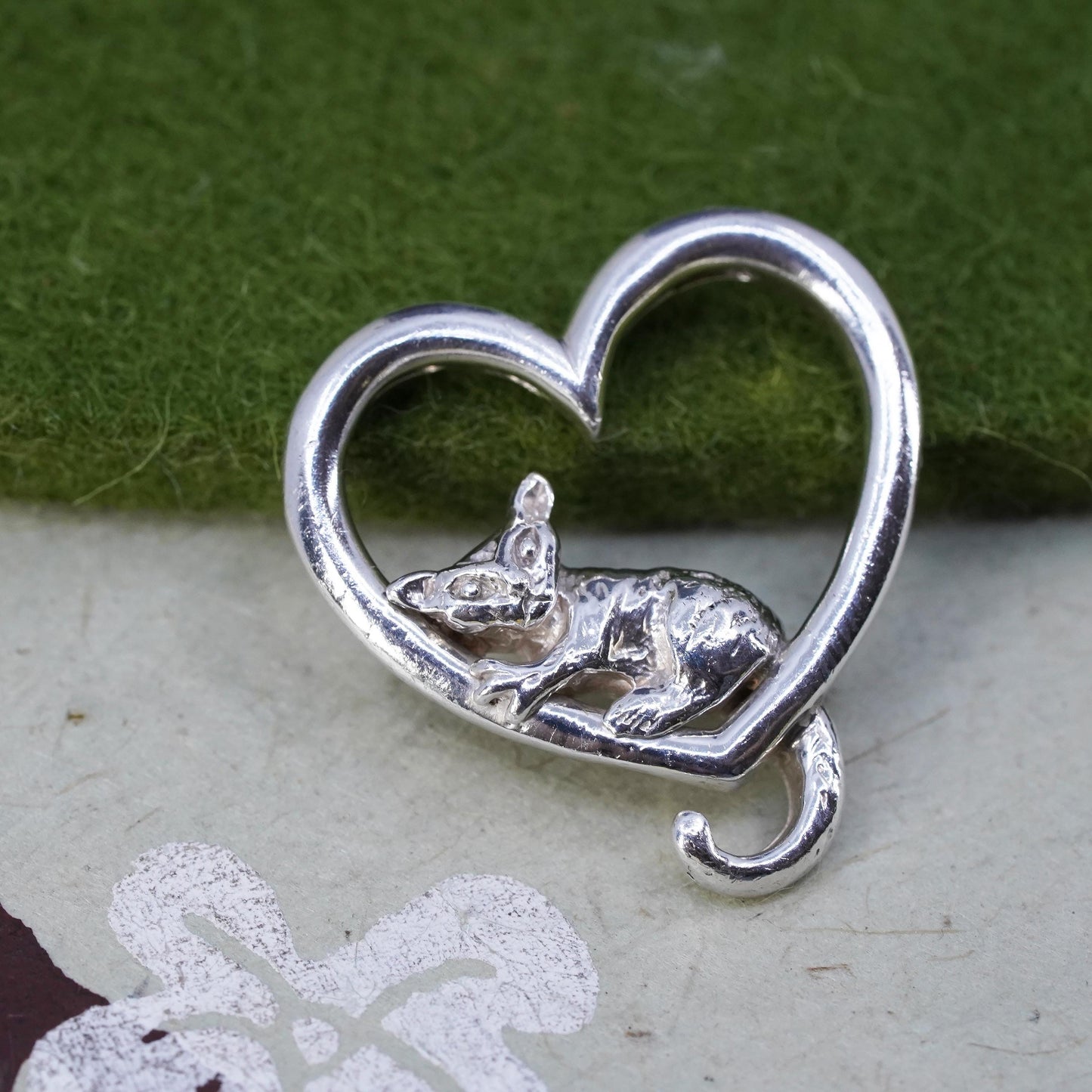 Vintage sterling silver handmade pendant, 925 cat kitty heart