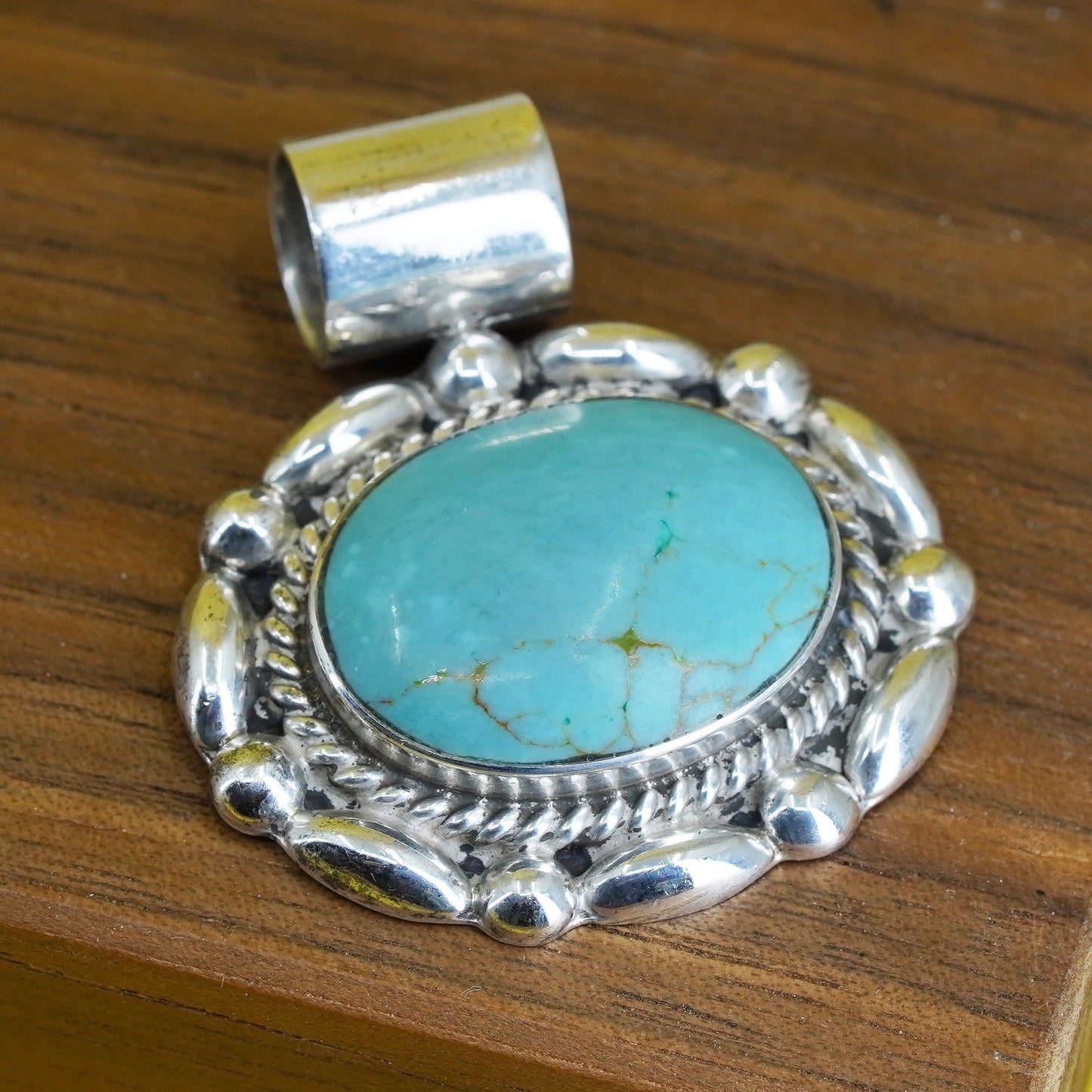 Vintage Mexico Sterling silver 925 handmade oval pendant with turquoise beads