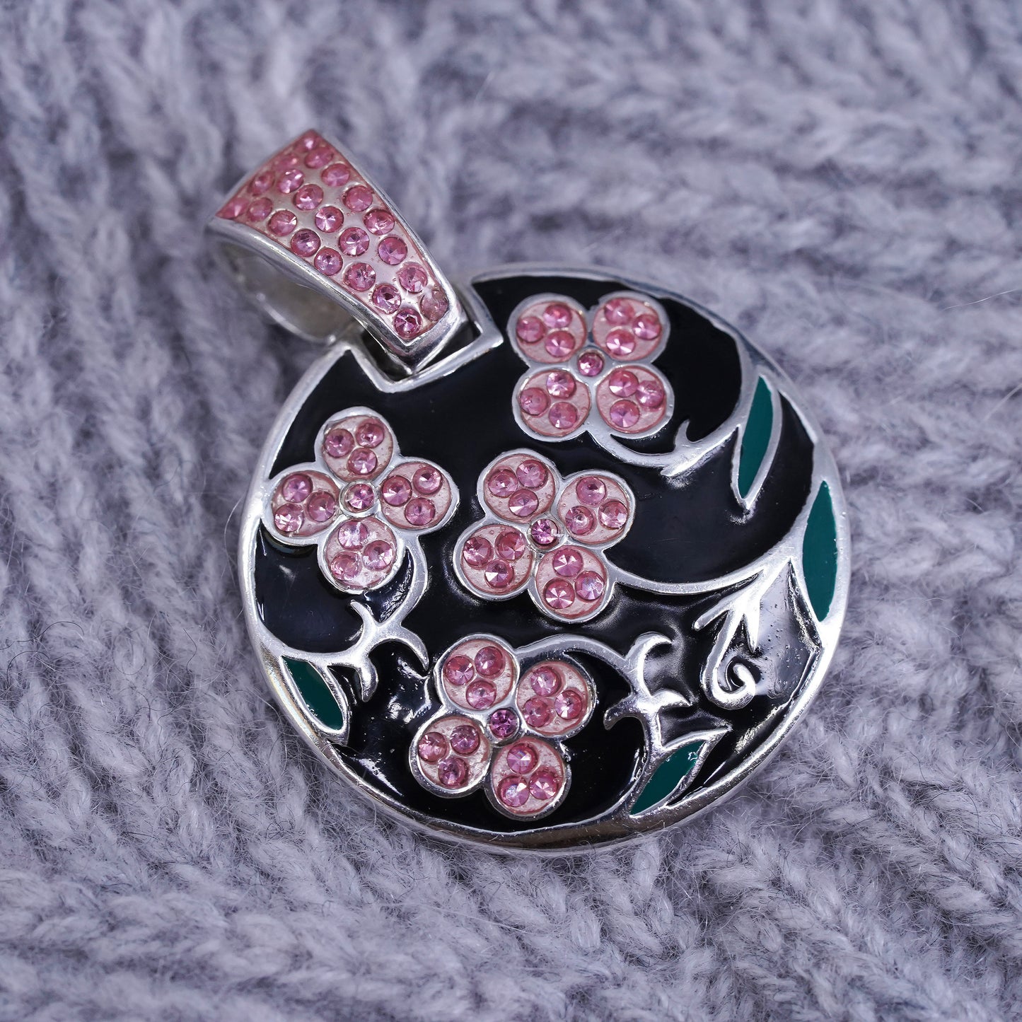 Sigal Sterling silver pendant, 925 black enamel circle with pink crystal flower