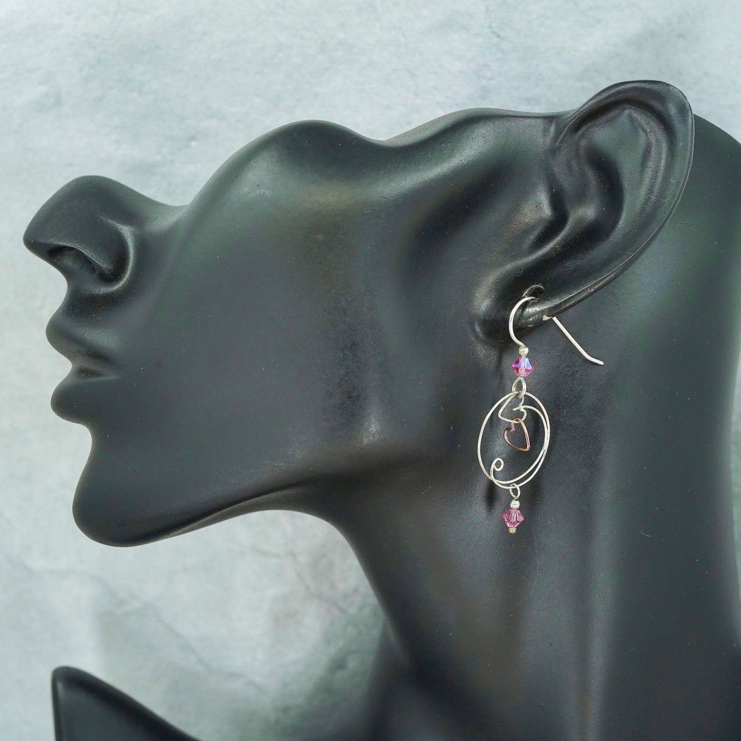 Vintage Sterling 925 silver handmade circle earrings with pink crystal