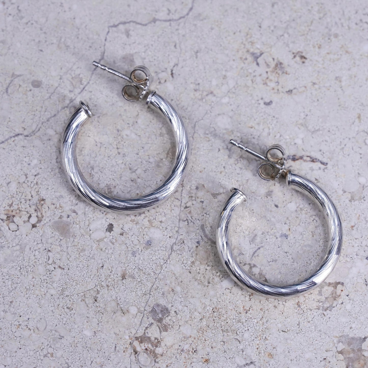 1”, vintage Sterling silver handmade earrings, textured 925 hoops, huggie