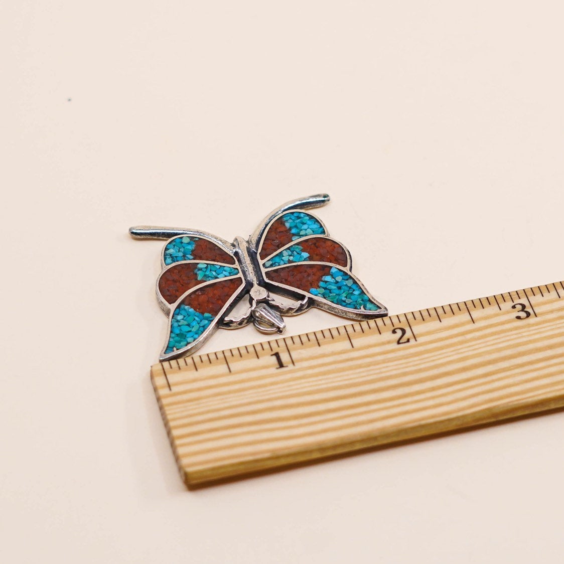 VTG sterling silver pendant, Native American 925 butterfly w/ turquoise n coral