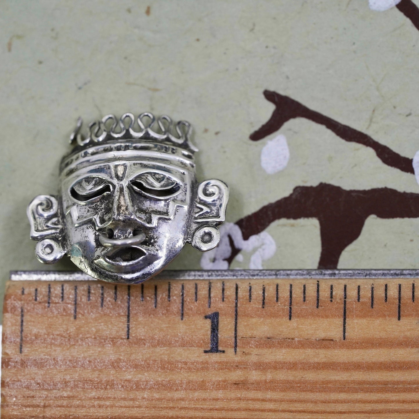 Mexican Mayan Sterling silver handmade pin, 925 Ancient warrior face pendant