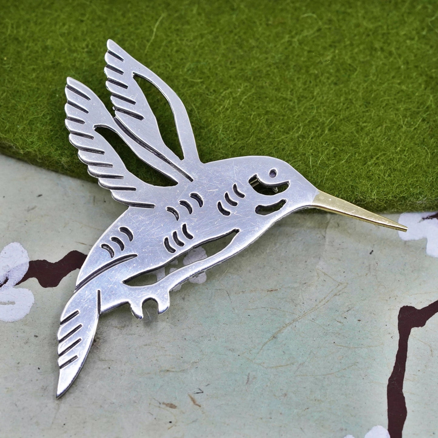 Vintage two tone Sterling silver handmade brooch, 925 hummingbird bird pendant