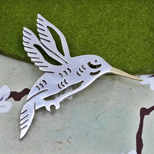 Vintage two tone Sterling silver handmade brooch, 925 hummingbird bird pendant