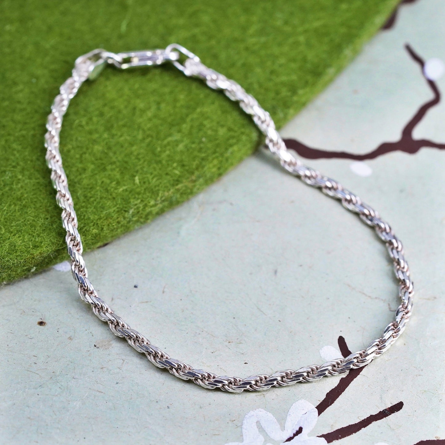 7.75”, 3mm, vintage Sterling silver rope chain, Italy 925 men’s bracelet