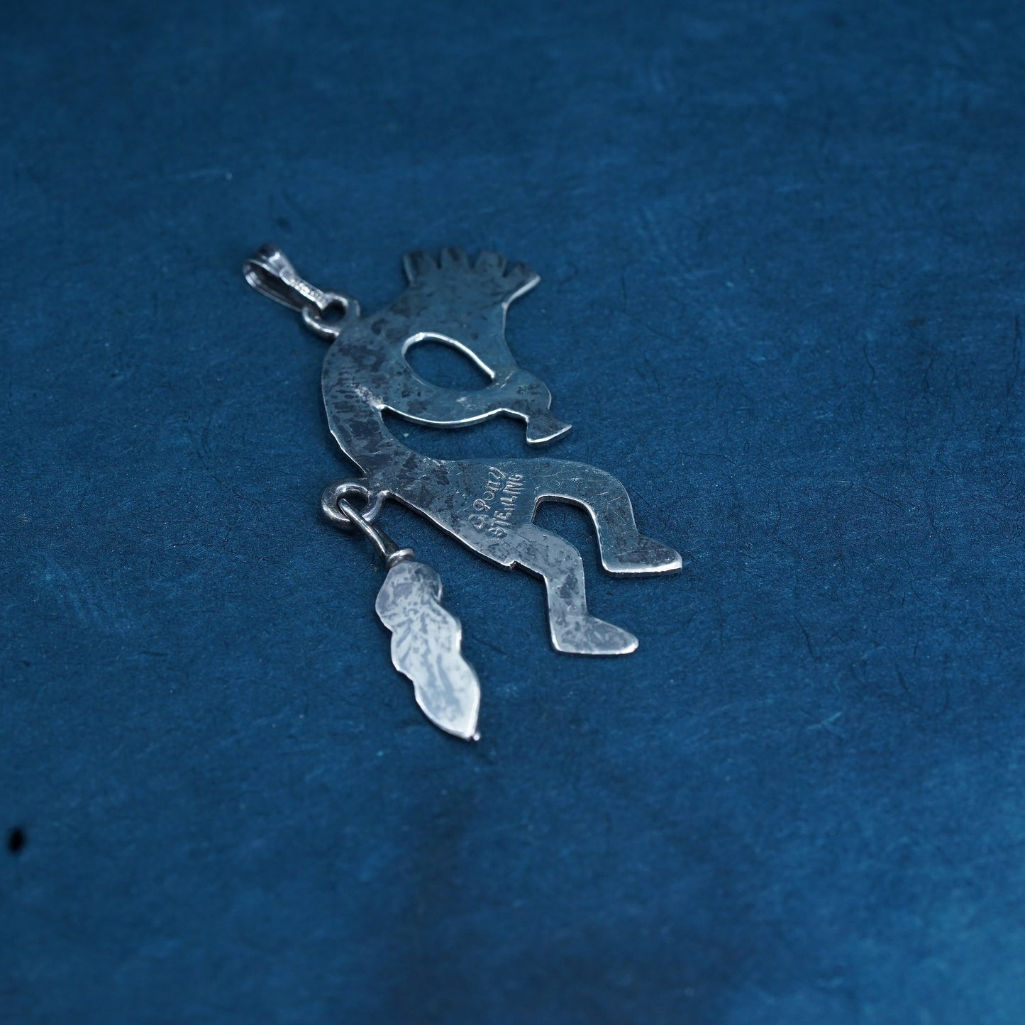 Native American Sterling silver handmade pendant, 925 Kokopelli with feather