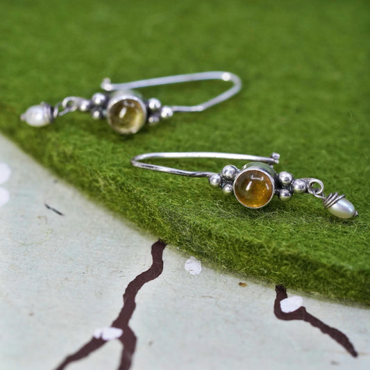 Vintage Sterling 925 silver handmade earrings with citrine and pearl