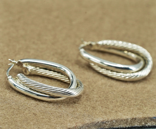 1.25”, vintage Sterling silver handmade earrings, 925 twisted oval hoops