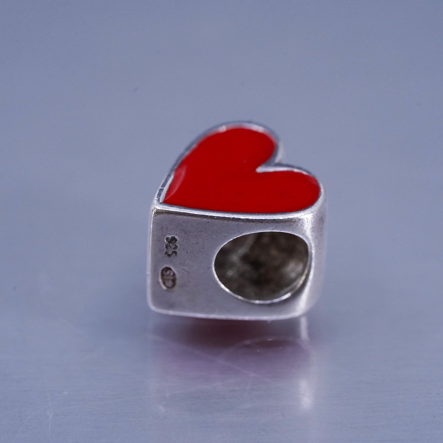 Vintage Sterling silver handmade charm, 925 red enamel heart bead