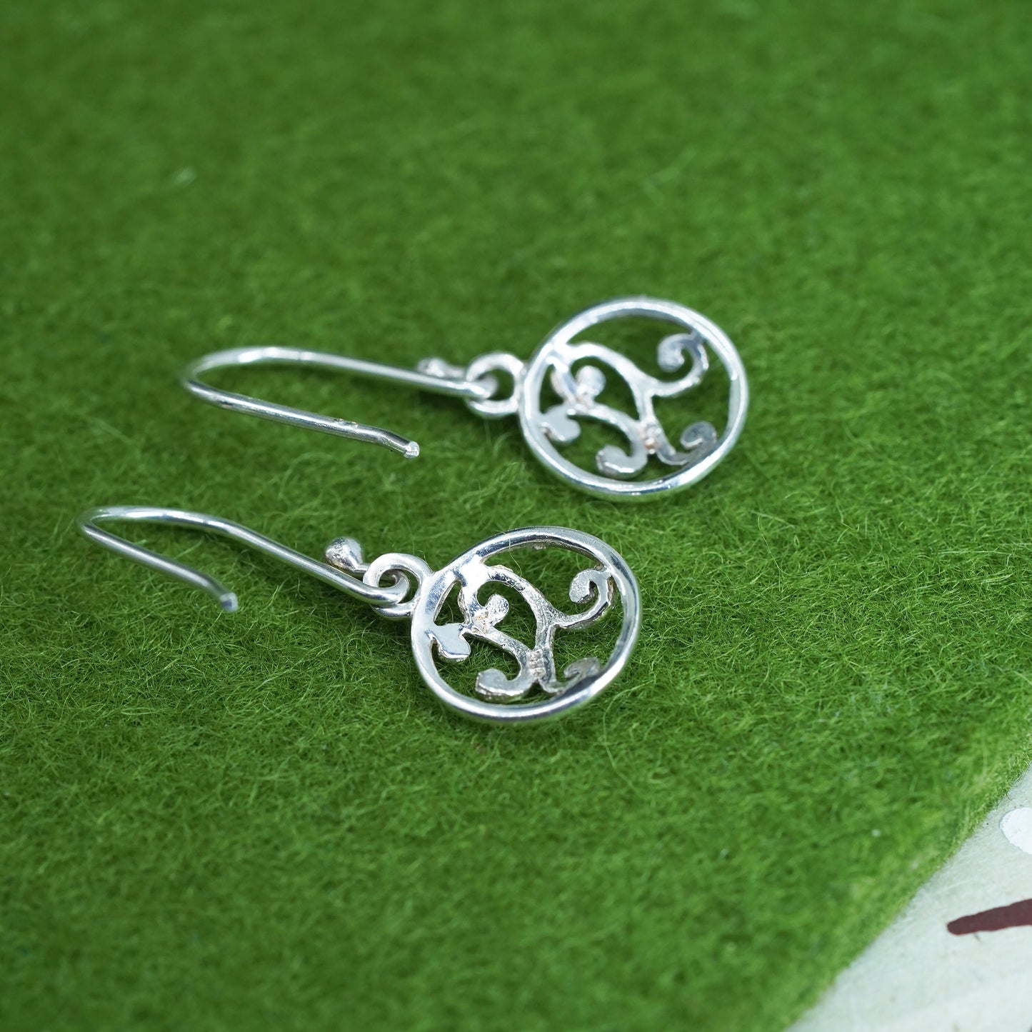 Sterling silver handmade earrings, modern 925 circle disc dangles swirly detail