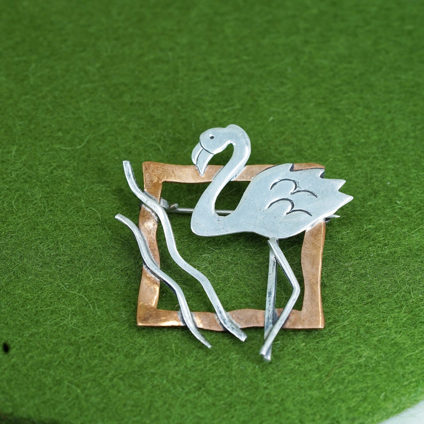 Mexico two tone sterling silver brooch 925 flamingo bird pin copper square