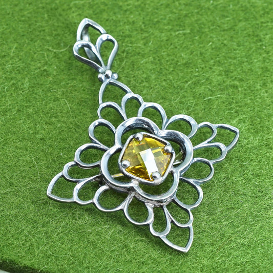 sterling silver handmade brooch, 925 floral filigree snowflake pendant citrine