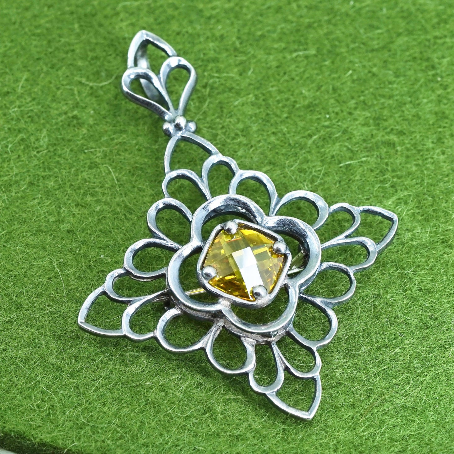 sterling silver handmade brooch, 925 floral filigree snowflake pendant citrine