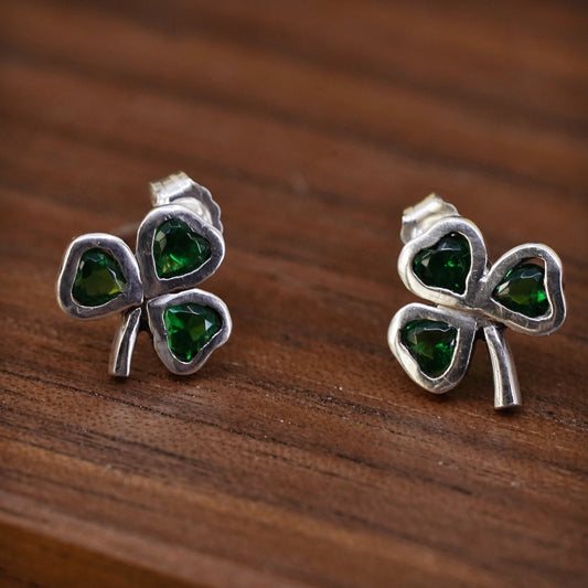vintage Sterling silver green crystal clover studs earrings