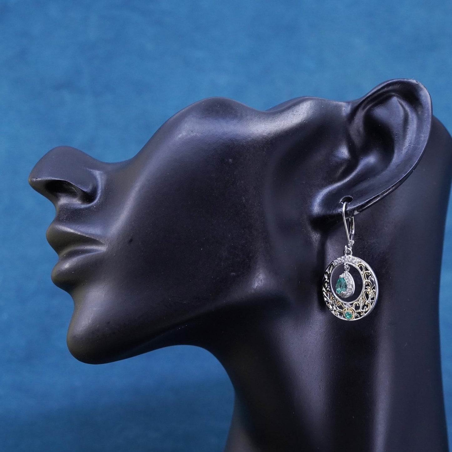 two tone Sterling silver handmade earrings, 925 filigree circle with blue topaz