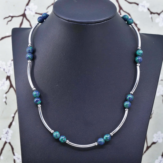 18”, Vintage Sterling silver handmade necklace, 925 curvy bar turquoise beads