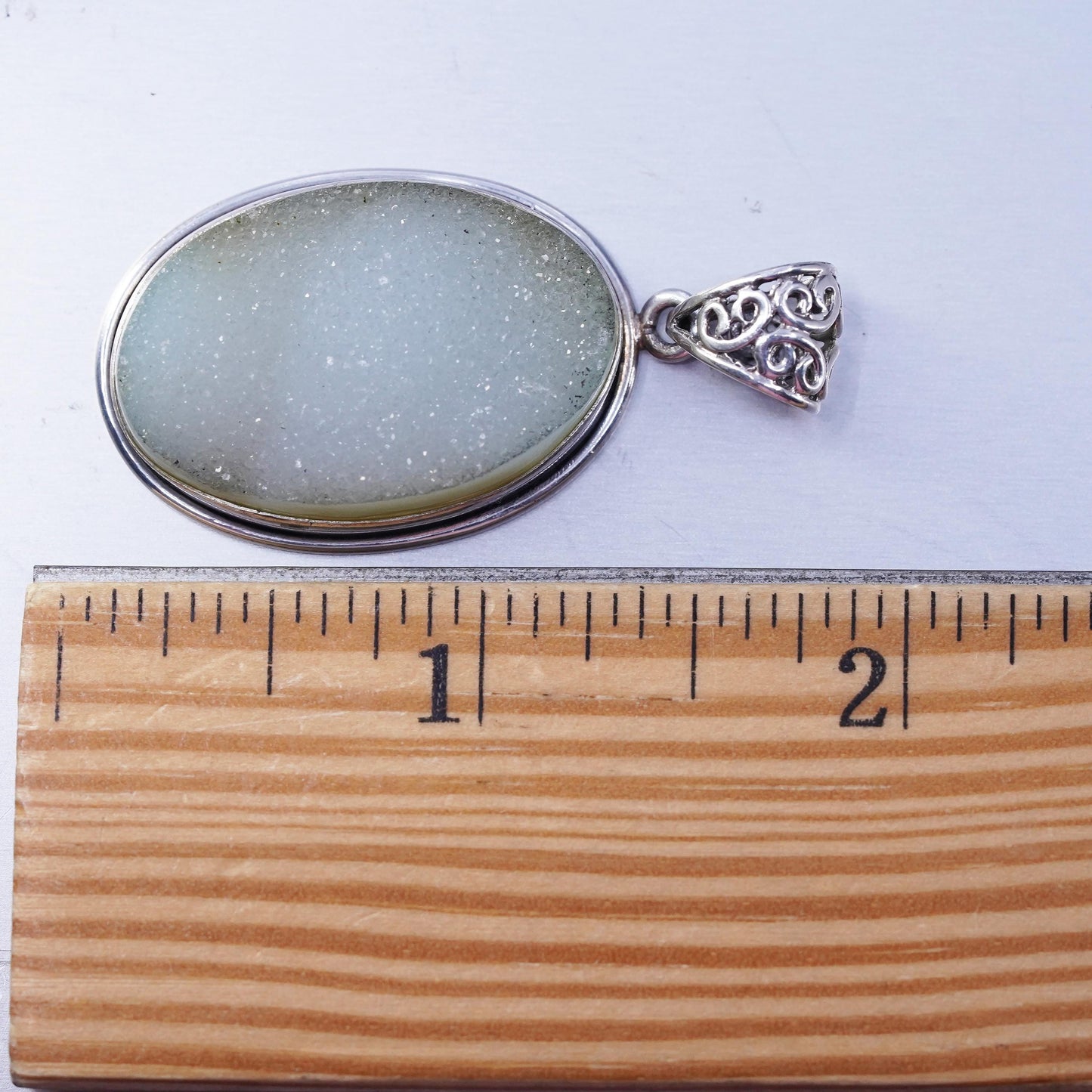 Vintage sterling 925 silver handmade oval pendant with green druzy stone