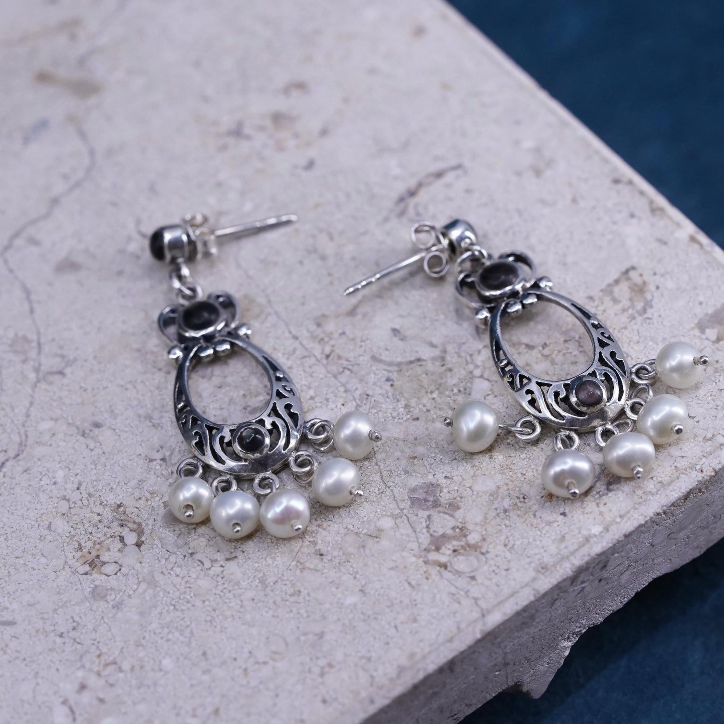 VTG Sterling silver handmade earrings, 925 filigree drops cluster pearl beads