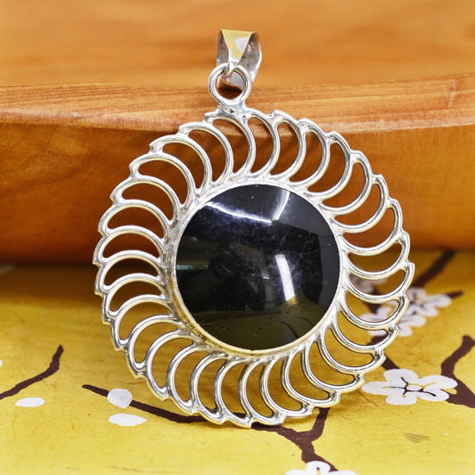 Vintage Sterling silver sun pendant, Mexican 925 with circle black onyx inlay