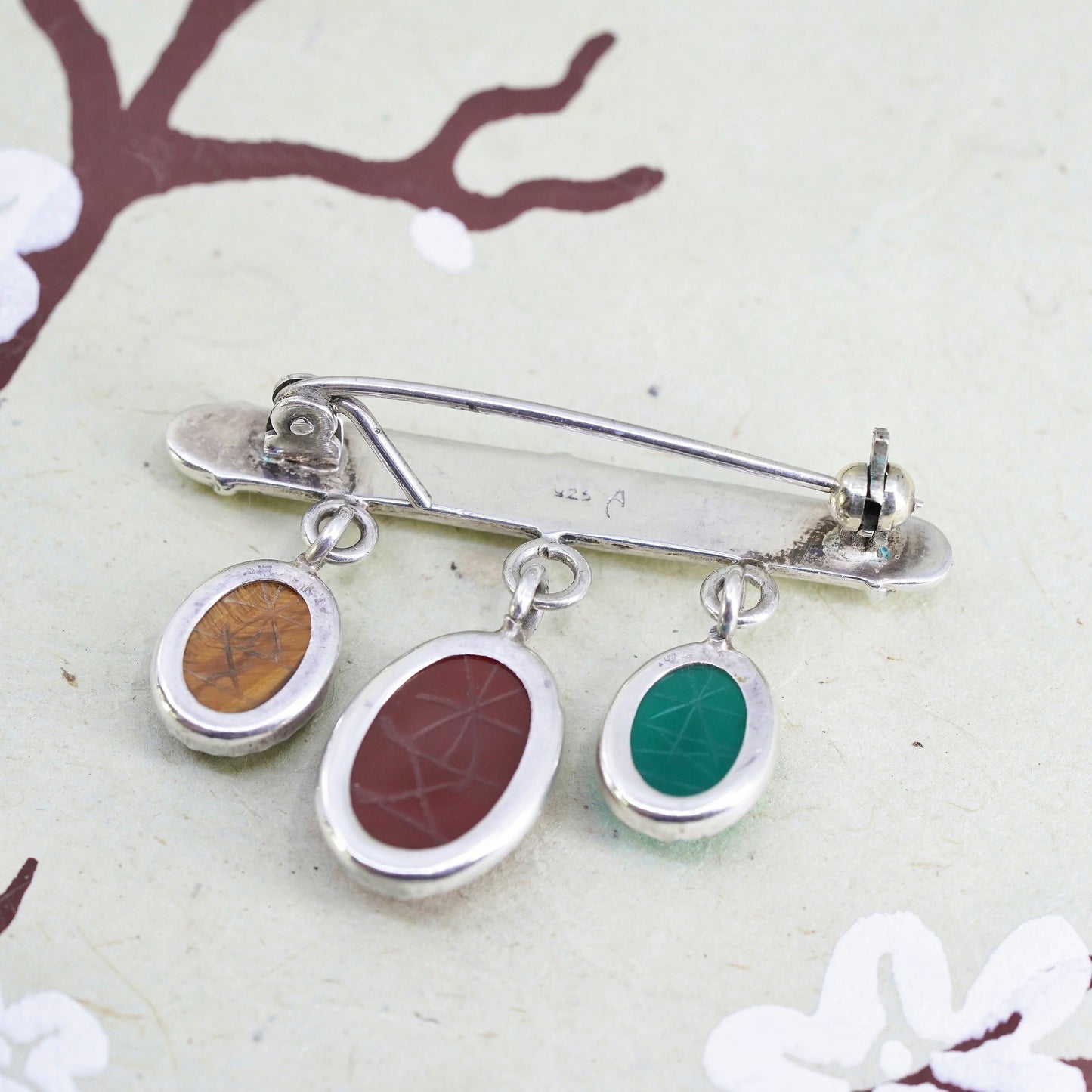 sterling silver brooch, 925 ribbon with carnelian jade golden tiger eye charm