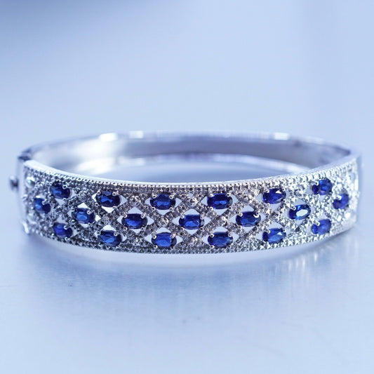 7”, Sterling 925 silver handmade bracelet, hinged bangle sapphire diamond