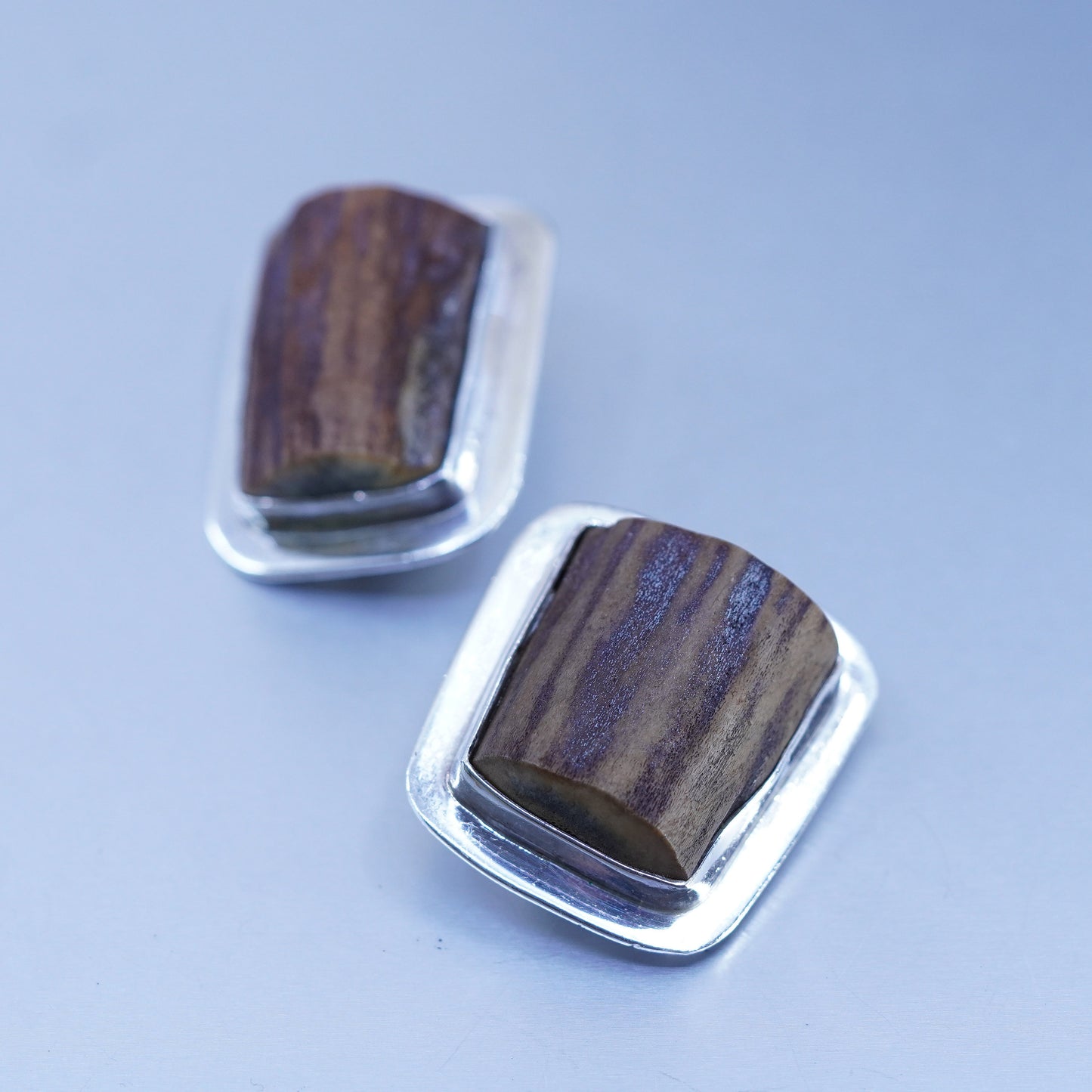 Designed by RKR modern Sterling silver earrings, 925 studs with fossil wood