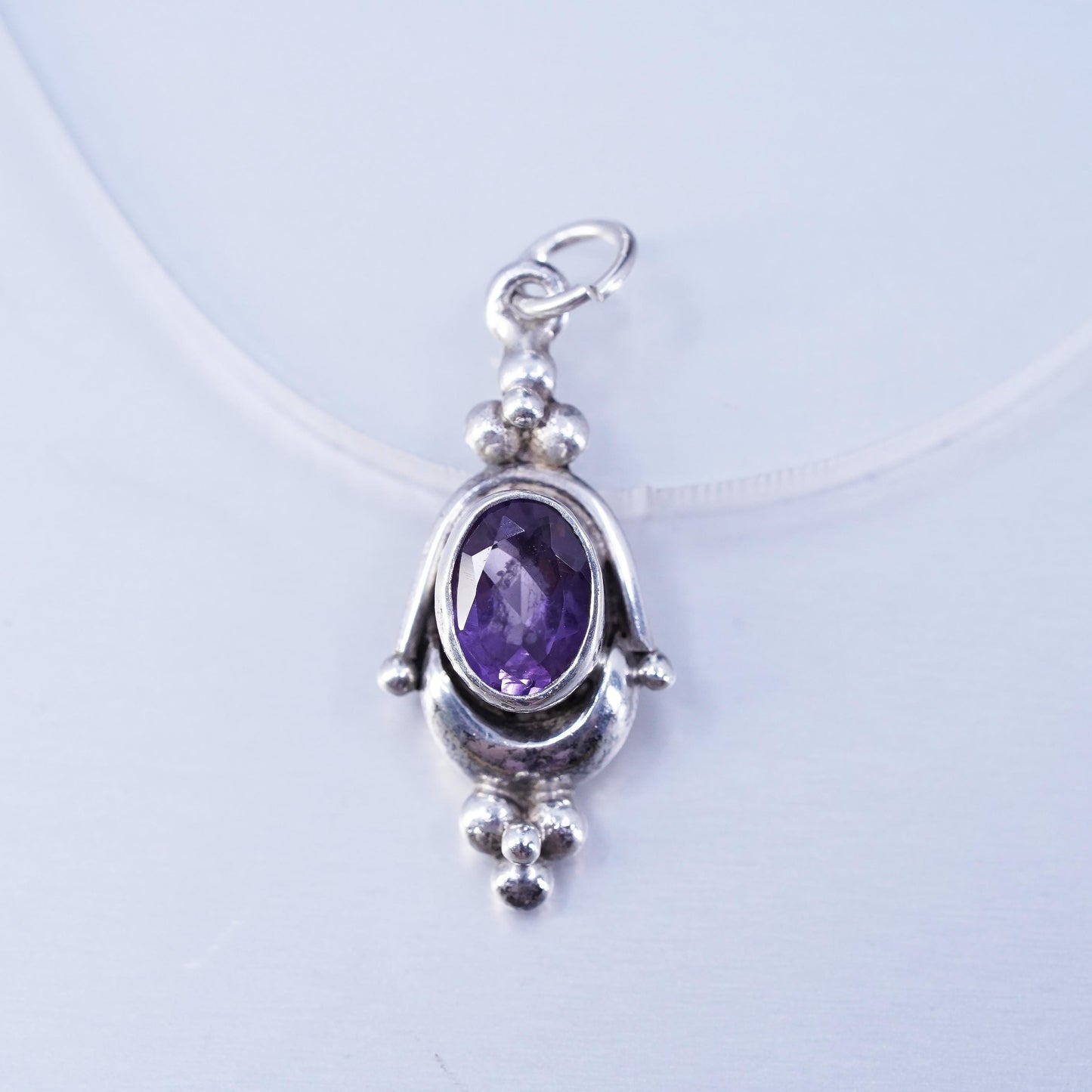 Vintage sterling 925 silver handmade charm pendant with oval amethyst