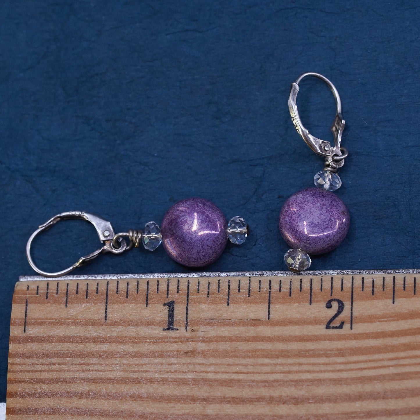 Vintage sterling 925 silver handmade earrings, with purple disc