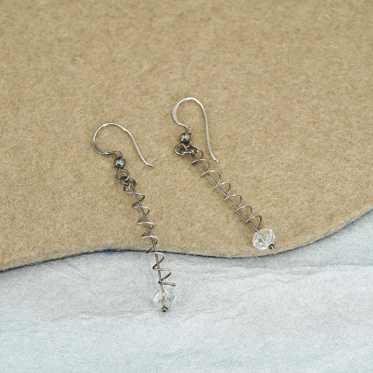 Vintage Sterling 925 silver handmade spiral earrings with crystal