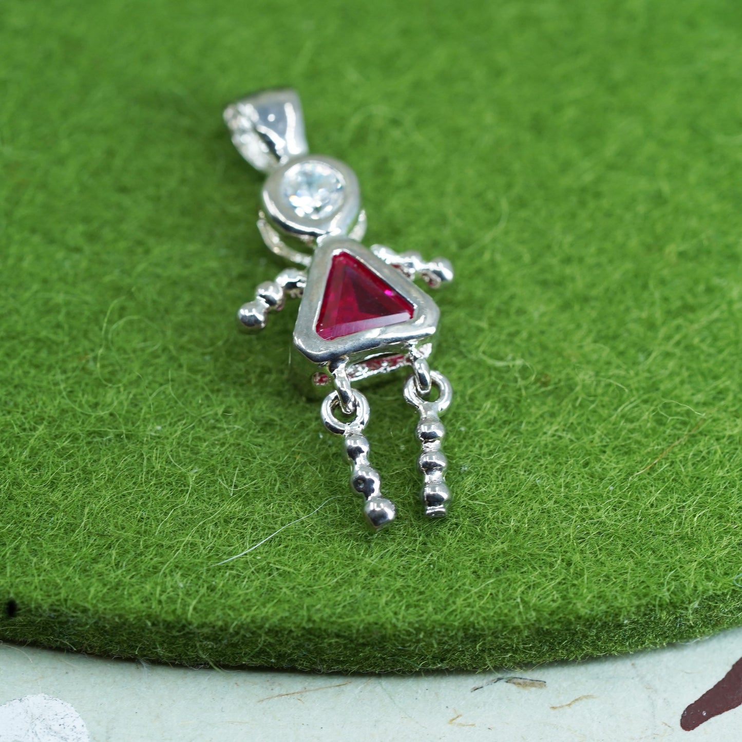 Vintage sterling 925 silver birthstone pendant with ruby girl figure charm