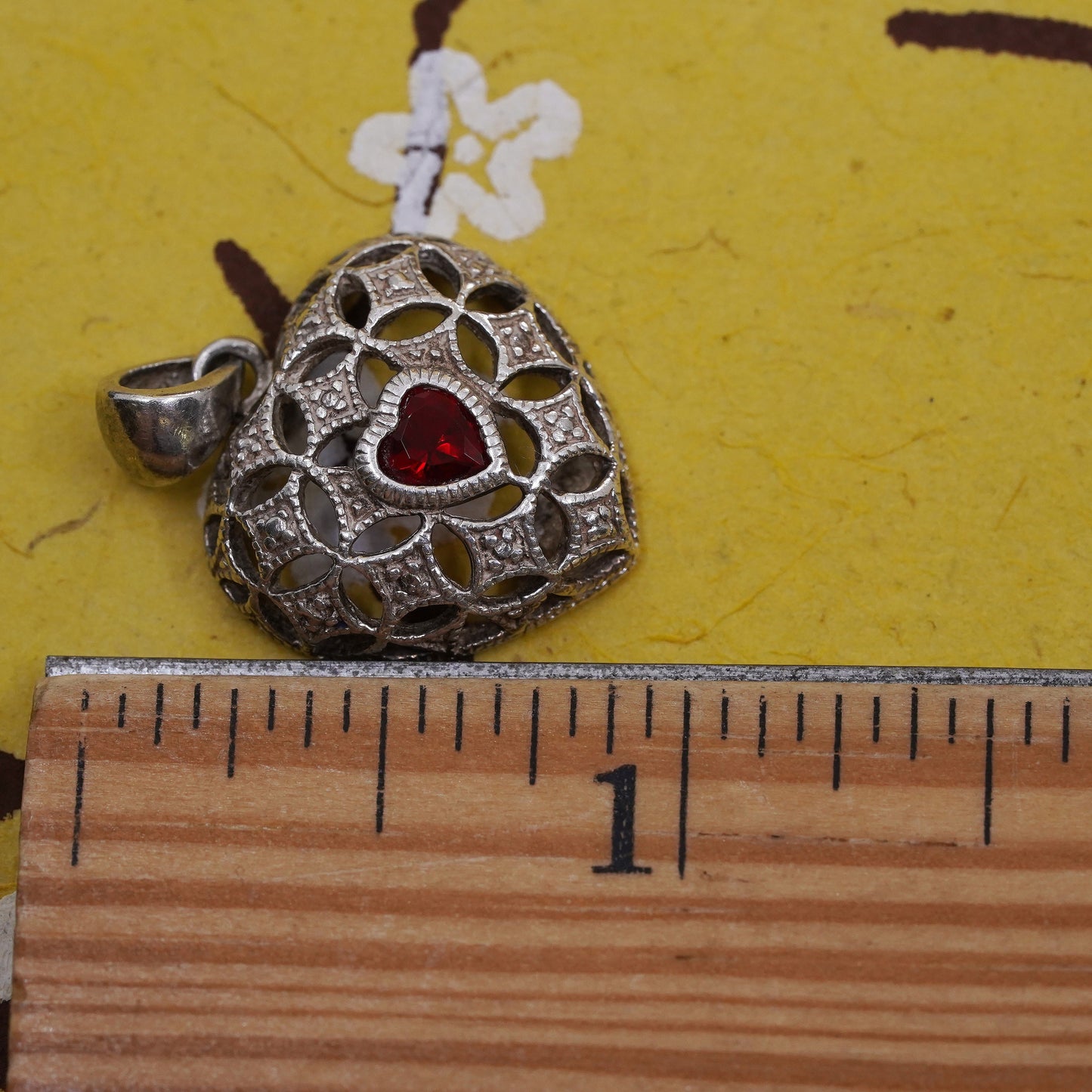 Vintage Sterling silver handmade pendant, 925 filigree heart with ruby