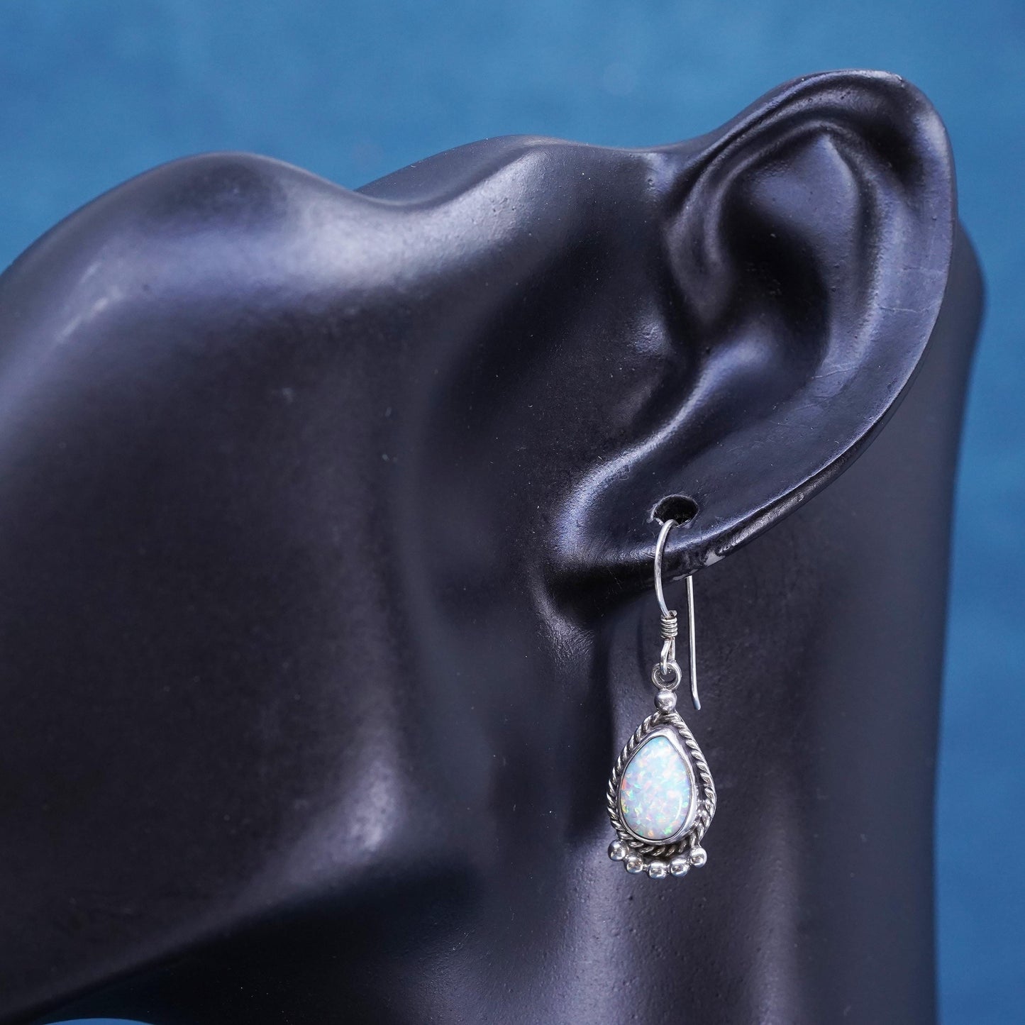 Native American Virgil M. Dishta sterling silver 925 teardrop earrings w/ opal