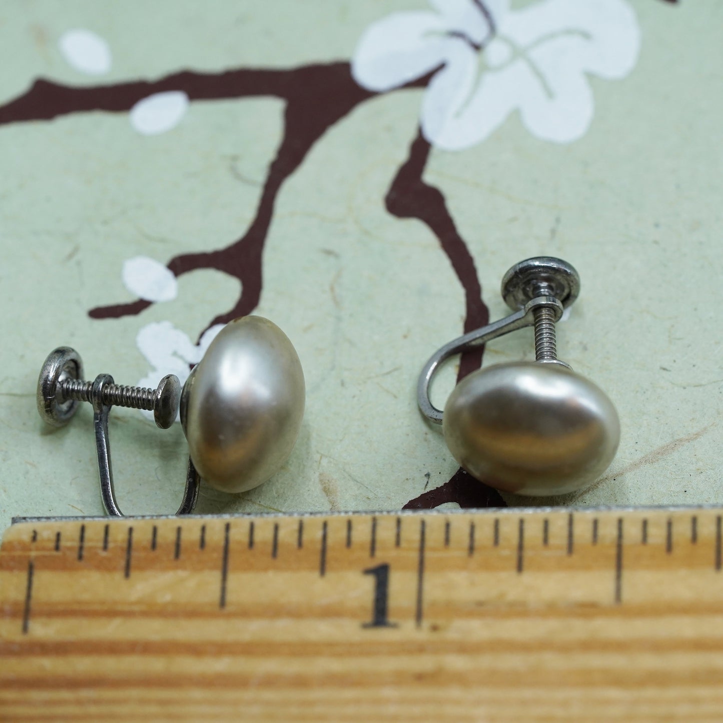 Vintage sterling 925 silver handmade earrings screw back with faux pearl